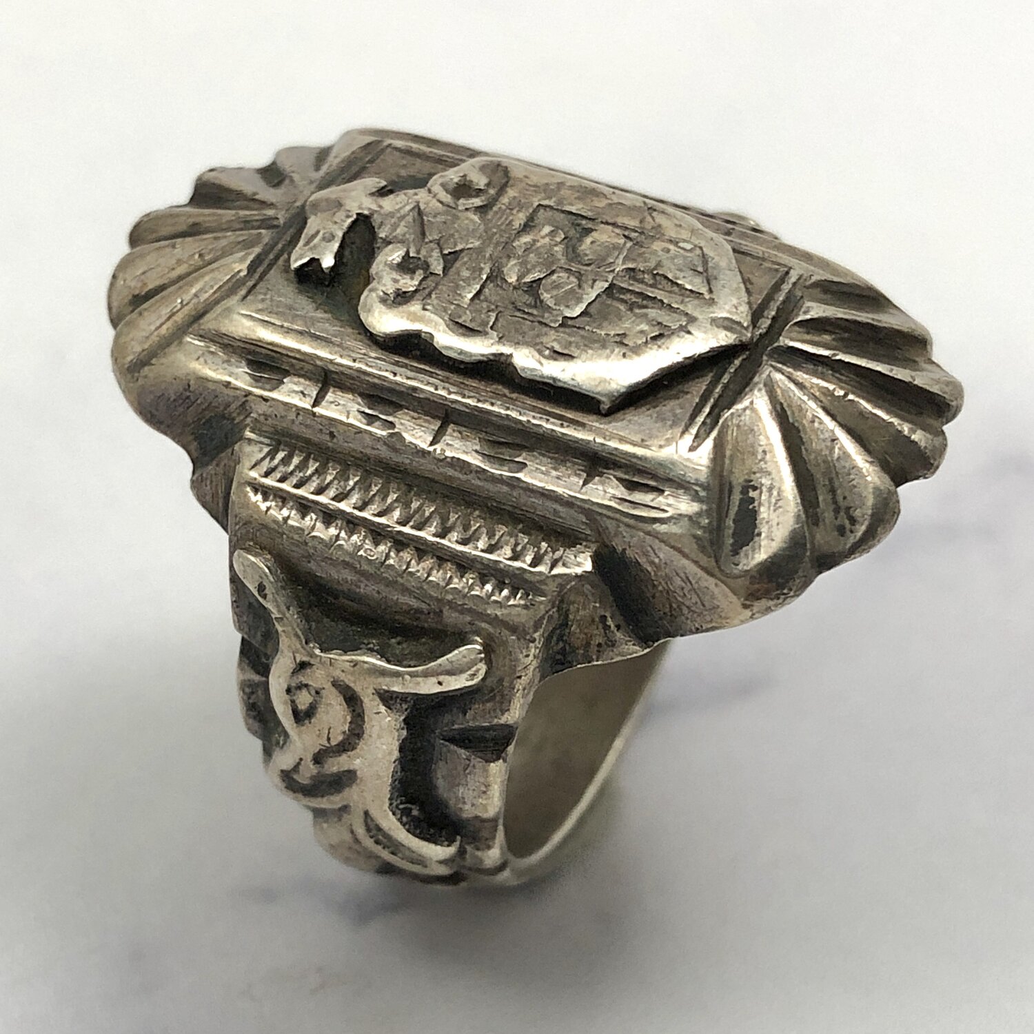 Vintage Mexican Coat of Arms & Sea Serpents Silver Ring — Worn 
